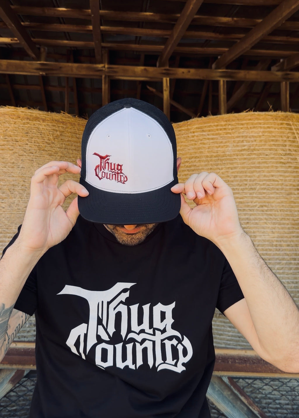 Black & White Thug Country Hat - Red Logo